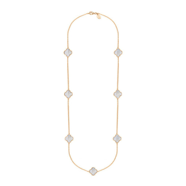 9ct Rose Gold WHITE MOP Bloom Four Leaf Clover Ball Edge Long Necklace, N1040 