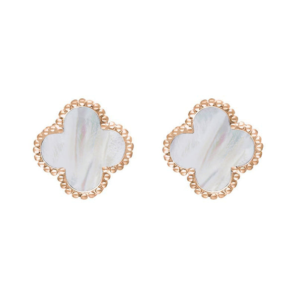 9ct Rose Gold White Mother of Pearl Bloom Four Leaf Clover Ball Edge Stud Earrings