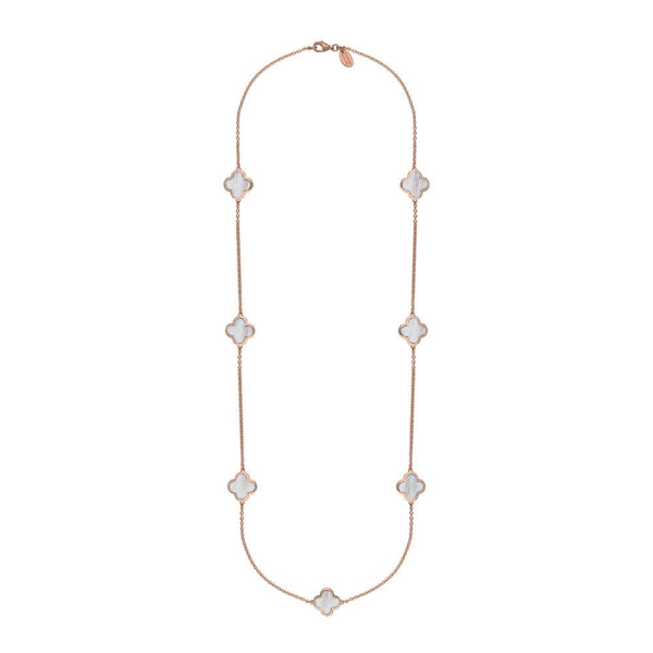 9ct Rose Gold WHITE MOP Bloom Four Leaf Clover Long Necklace, N1129