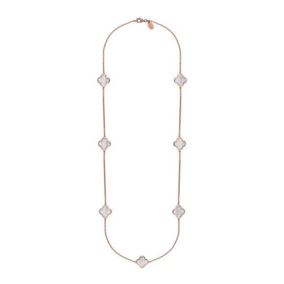 9ct Rose Gold WHITE MOP Bloom Four Leaf Clover Long Necklace, N1129