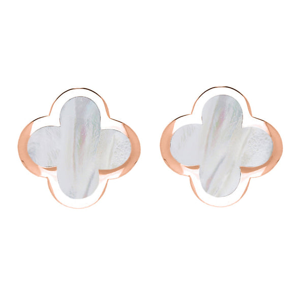 9ct Rose Gold WHITE MOP Bloom Four Leaf Clover Stud Earrings, E2465 