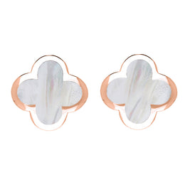9ct Rose Gold WHITE MOP Bloom Four Leaf Clover Stud Earrings, E2465 