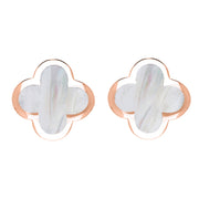 9ct Rose Gold WHITE MOP Bloom Four Leaf Clover Stud Earrings, E2465 