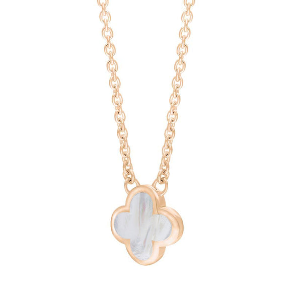 9ct Rose Gold White Mother of Pearl Bloom Small Four Leaf Clover Polished Edge Pendant