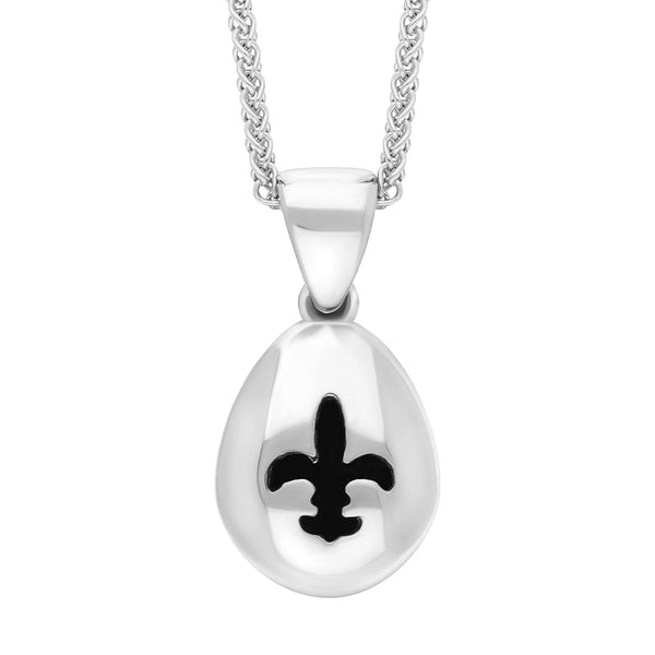 9ct White Gold Whitby Jet Fleur De Lis Pear Shape Necklace, P3645.