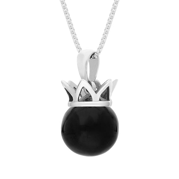 9ct White Gold Whitby Jet Royal Coronet 11mm Bead Pendant, P1920.