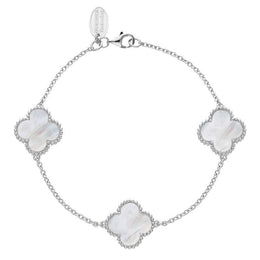 9ct White Gold WHITE MOP Bloom Four Leaf Clover Ball Edge Chain Bracelet
