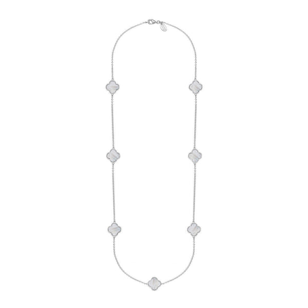 9ct White Gold WHITE MOP Bloom Four Leaf Clover Ball Edge Long Necklace, N1040