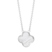 9ct White Gold White Mother of Pearl Bloom Large Four Leaf Clover Polished Edge Pendant