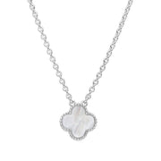 9ct White Gold WHITE MOP Bloom Small Four Leaf Clover Ball Edge Chain Necklet, N1044 