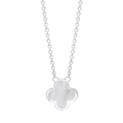 9ct White Gold White Mother of Pearl Bloom Small Four Leaf Clover Polished Edge Pendant