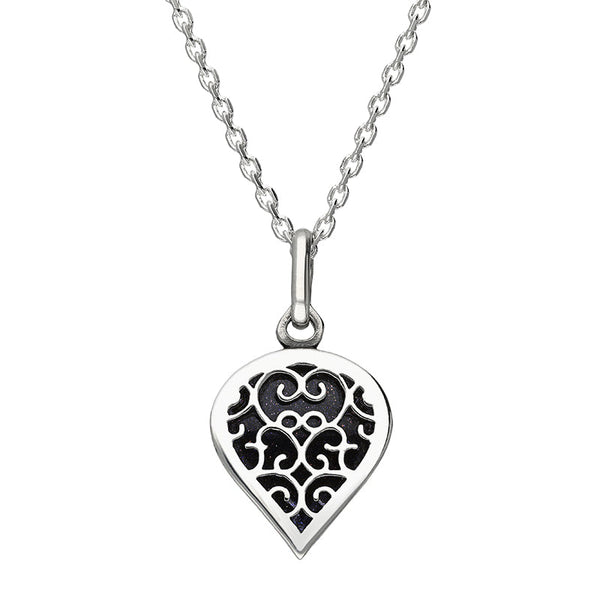 9ct White Gold Blue Goldstone Flore Filigree Small Heart Necklace. P3629.