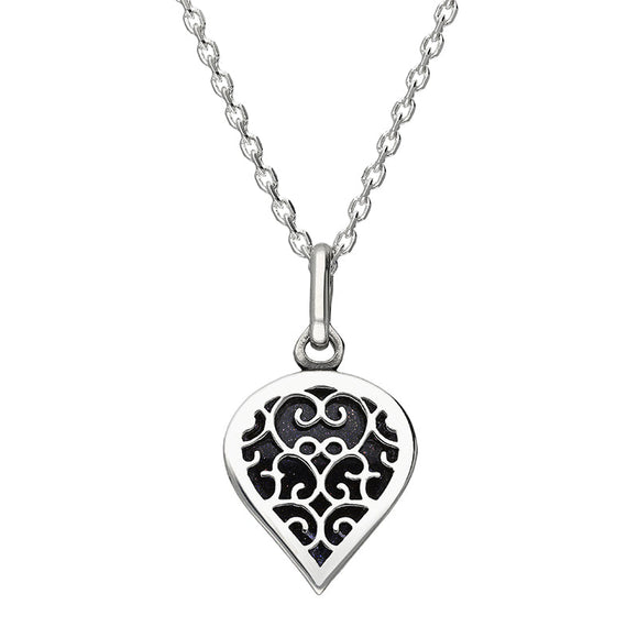 9ct White Gold Blue Goldstone Flore Filigree Small Heart Necklace. P3629.