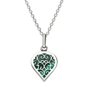 9ct White Gold Malachite Flore Filigree Small Heart Necklace. P3629.