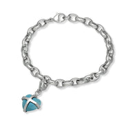 9ct White Gold Turquoise Small Cross Heart Charm Bracelet, B1209