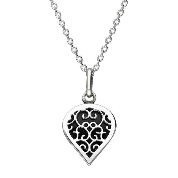 9ct White Gold Whitby Jet Flore Filigree Small Heart Necklace. P3629.