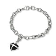 9ct White Gold Whitby Jet Small Cross Heart Charm Bracelet, B1209