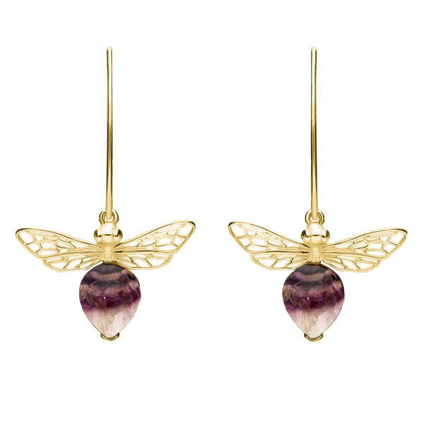 9ct Yellow Gold Blue John Bee Small Hook Earrings, E2438.