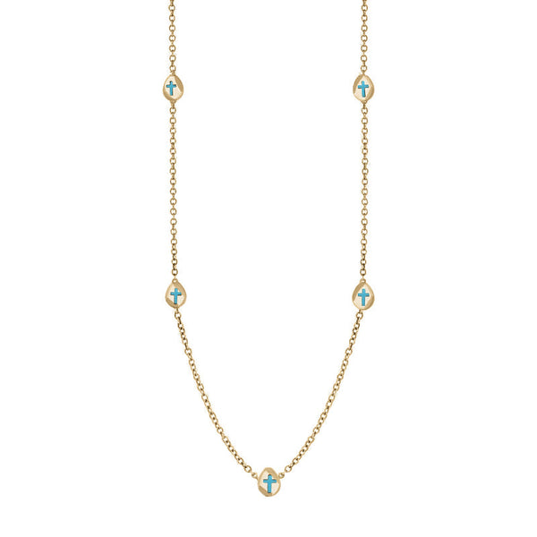 9ct Yellow Gold Turquoise Cross Link Disc Chain Necklace