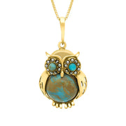 9ct Yellow Gold Turquoise Marcasite Medium Owl Necklace