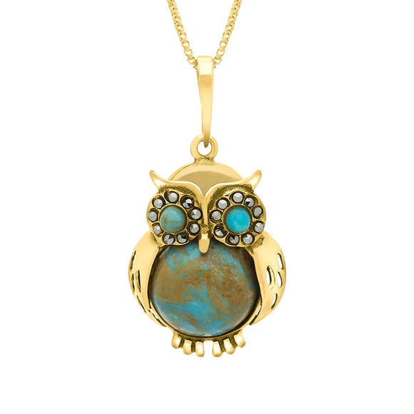 9ct Yellow Gold Turquoise Marcasite Medium Owl Necklace