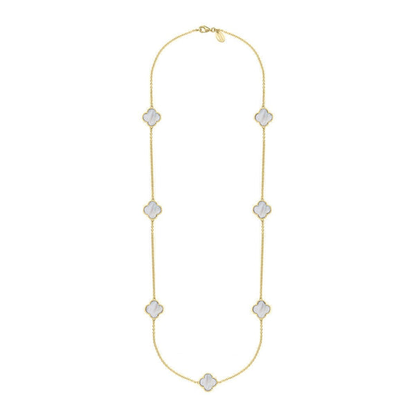 9ct Yellow Gold WHITE MOP Bloom Four Leaf Clover Ball Edge Long Necklace, N1040