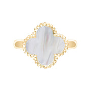 9ct Yellow Gold White Mother of Pearl Bloom Four Leaf Clover Ball Edge Ring