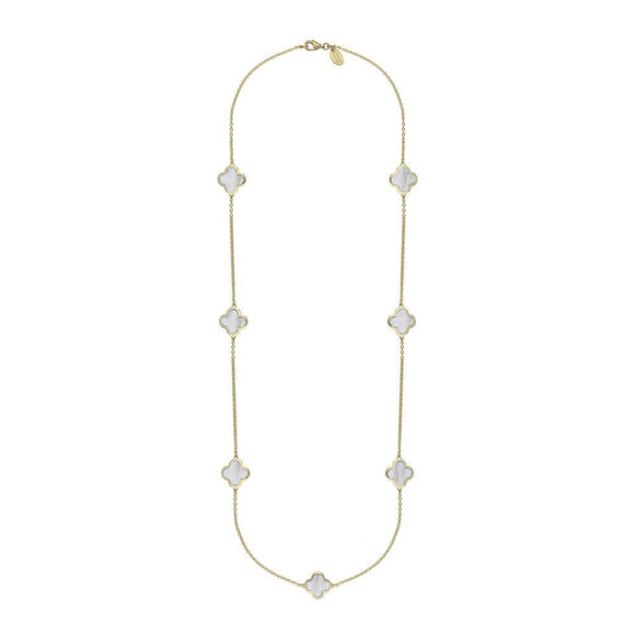 9ct Yellow Gold WHITE MOP Bloom Four Leaf Clover Long Necklace, N1129 