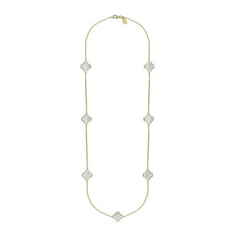 9ct Yellow Gold WHITE MOP Bloom Four Leaf Clover Long Necklace, N1129 