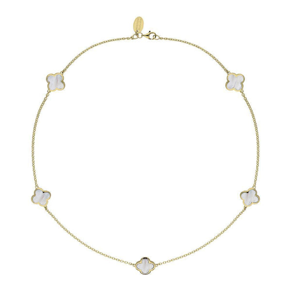 9ct Yellow Gold WHITE MOP Bloom Four Leaf Clover Necklace, N1128