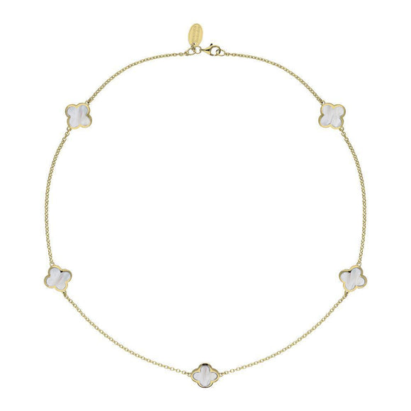 9ct Yellow Gold WHITE MOP Bloom Four Leaf Clover Necklace, N1128