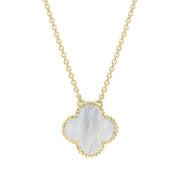 9ct Yellow Gold WHITE MOP Bloom Large Four Leaf Clover Ball Edge Chain Necklet, N1043