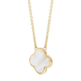 9ct Yellow Gold White Mother of Pearl Bloom Large Four Leaf Clover Polished Edge Pendant