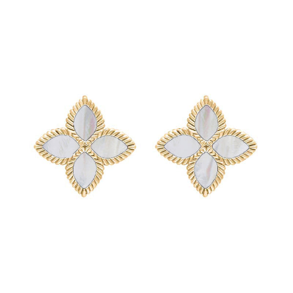 9ct Yellow Gold WHITE MOP Bloom Marquise Flower Stud Earrings