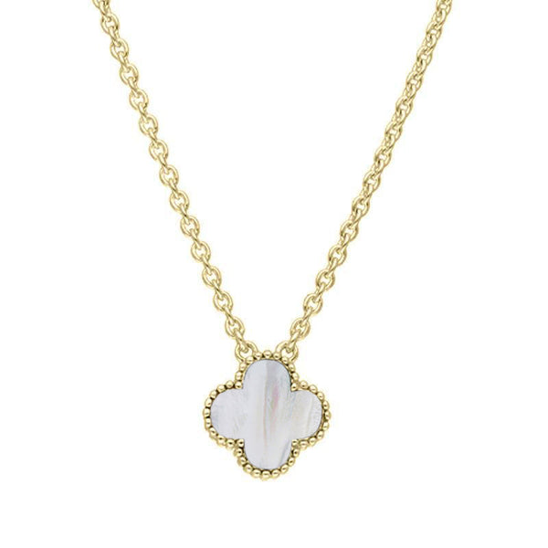 9ct Yellow Gold WHITE MOP Bloom Small Four Leaf Clover Ball Edge Chain Necklet, N1044 