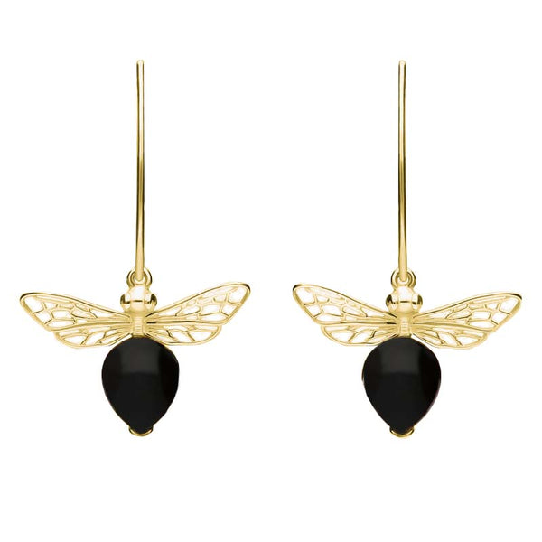9ct Yellow Gold Whitby Jet Bee Small Hook Earrings, E2438.