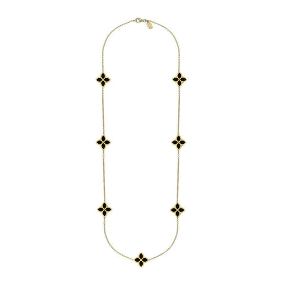 9ct Yellow Gold Whitby Jet Bloom Long Flower Ball Edge Necklace, N1157