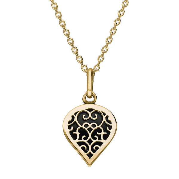 9ct Yellow Gold Whitby Jet Flore Filigree Small Heart Necklace. P3629.