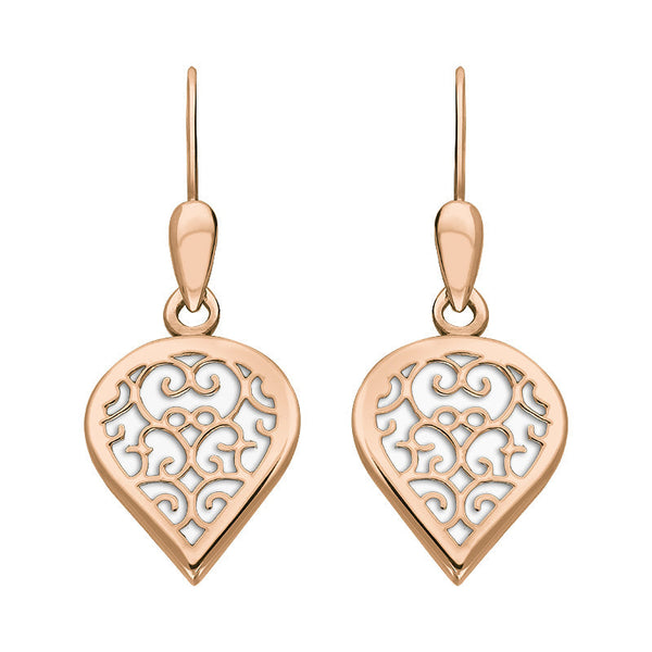 9ct Rose Gold Bauxite Flore Filigree Heart Drop Earrings. E2588.