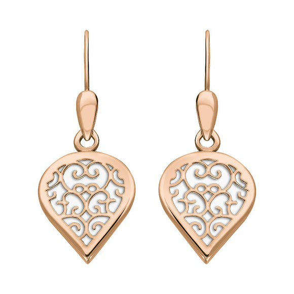 9ct Rose Gold Bauxite Flore Filigree Heart Drop Earrings. E2588.