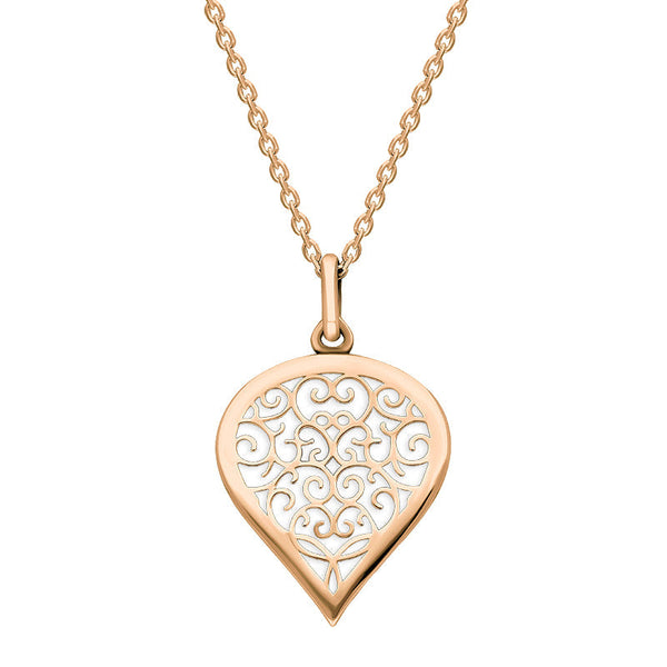 9ct Rose Gold Bauxite Flore Filigree Medium Heart Necklace. P3630.