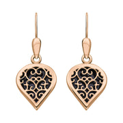 9ct Rose Gold Blue Goldstone Flore Filigree Heart Drop Earrings. E2588.