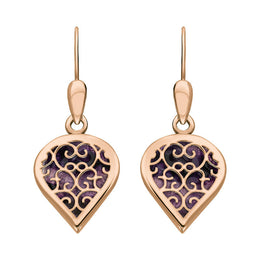 9ct Rose Gold Blue John Flore Filigree Heart Drop Earrings. E2588.