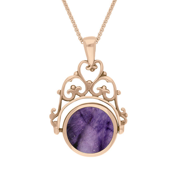 9ct Rose Gold Blue John Mother Of Pearl Double Sided Round Swivel Fob Necklace, P110_2_2.