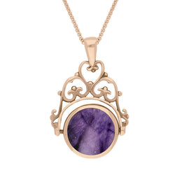 9ct Rose Gold Blue John Mother Of Pearl Double Sided Round Swivel Fob Necklace, P110_2_2.