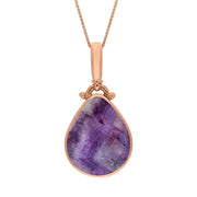 9ct Rose Gold Blue John Whitby Jet Double Sided Pear Fob Necklace, P056_2.