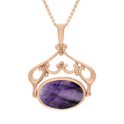 9ct Rose Gold Blue John Whitby Jet Ornate Double Sided Oval Swivel Fob Necklace, P116_8_2.