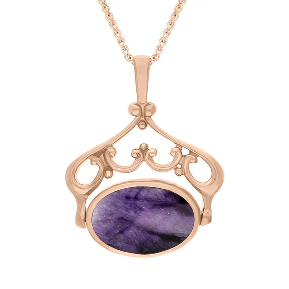 9ct Rose Gold Blue John Whitby Jet Ornate Double Sided Oval Swivel Fob Necklace, P116_8_2.