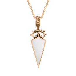 9ct Rose Gold Blue John White Mother Of Pearl Double Sided Scroll Top Dagger Fob Necklace, P423_2.