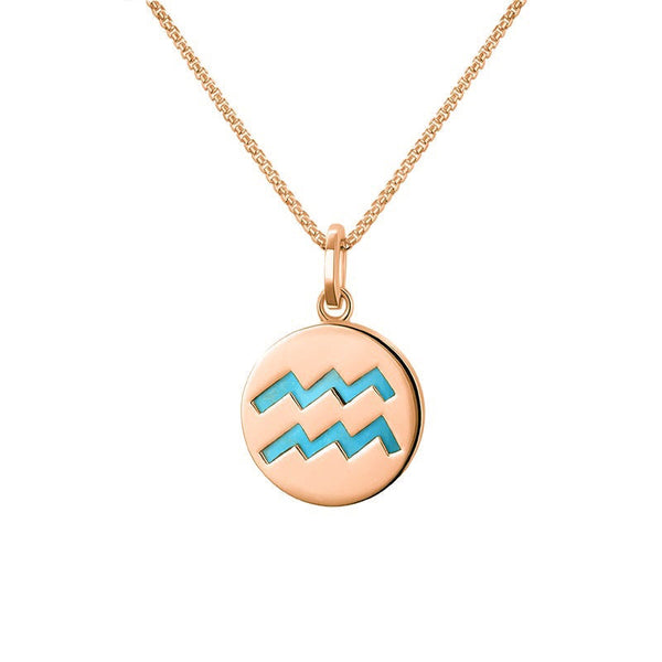 9ct Rose Gold Turquoise Zodiac Aquarius Round Necklace, P3598.